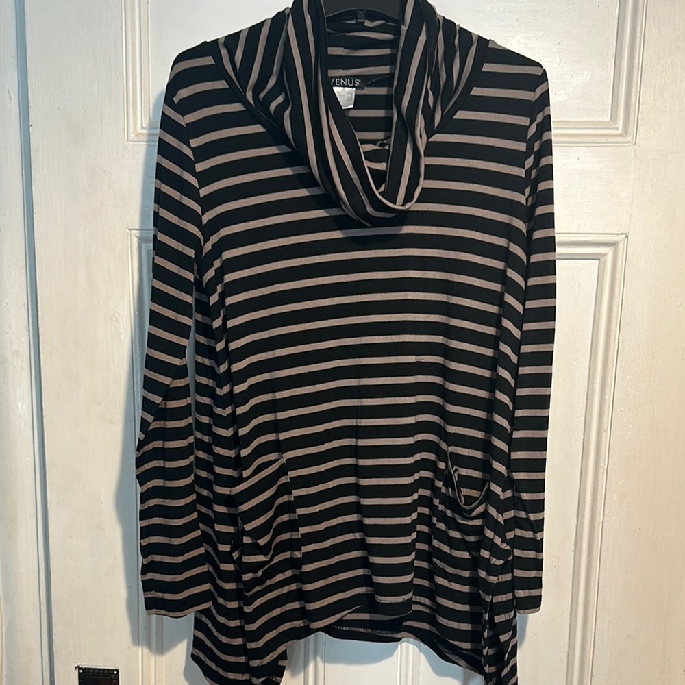 Venus Black and Beige Striped Cowl Neck Sweater
